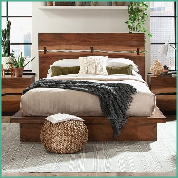 Eastern King Solid Mahogany Platform Bed - Smokey Walnut Finish for Master Bedroom