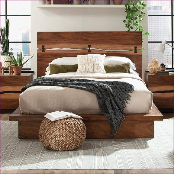 Eastern King Solid Wood Platform Bed - Smokey Walnut Finish, Mahogany & Walnut Veneer for Master Bedroom
