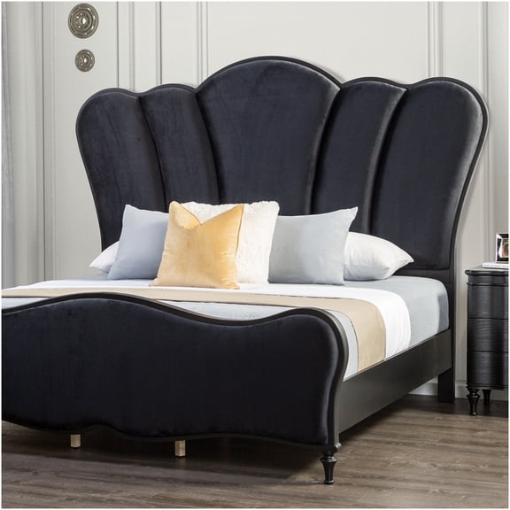 Eastern King Upholstered Platform Bed Frame with Channel Tufted Headboard, No Box Spring Needed, Black Fabric