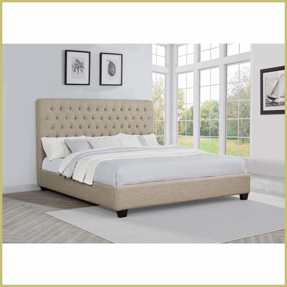 Eastern King Warm Oatmeal Fabric Upholstered Panel Bed with Tufted Headboard for Master Bedroom