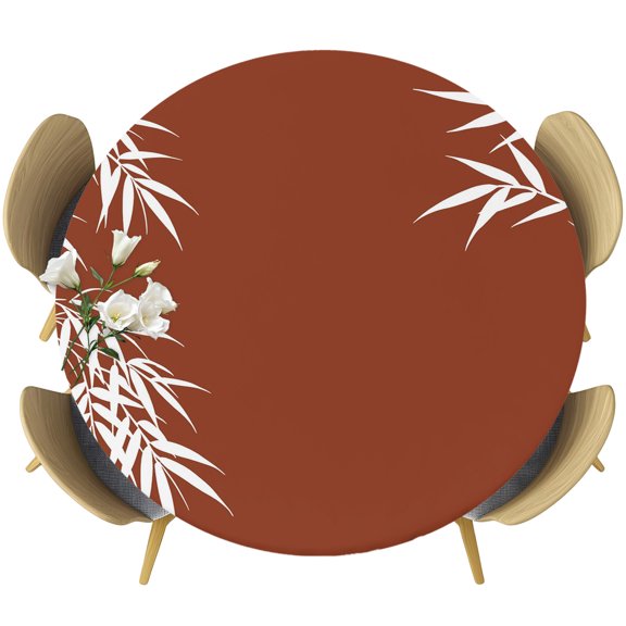Eastern Leaves Round Tablecloth 36-44 Inch Round Fitted Table Cloth with Elastic Edge, Vintage Red Brown Natural Branches Plants Waterproof Table Cover Protector for Outdoor Picnic Party Dining