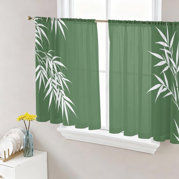 Eastern Leaves Sheer Curtains 45 Inch Length 2 Panels Set, Vintage Green Brown Natural Branches Plants Voile Window Treatment Rod Pocket Small Kitchen Curtains Drapes for Bedroom 52"x45"x2