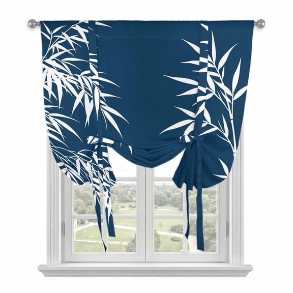 Eastern Leaves Tie Up Curtains for Window, Thermal Insulated Balloon Shade Adjustable Rod Pocket Curtains Valance Panels for Kitchen Bathroom Cafe 52 x 63 Vintage Blue Brown Natural Branches Plants