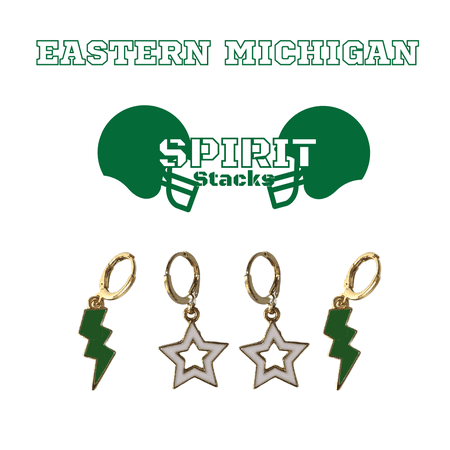 Eastern Michigan University Spirit Stack green mini enamel bolts and white statement open starboys