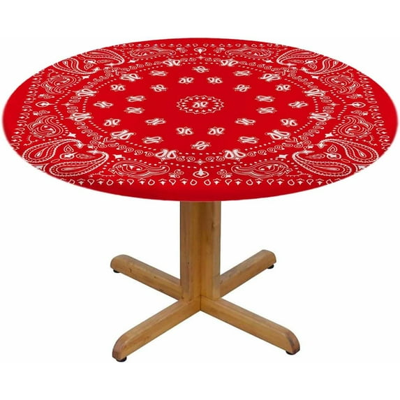 Eastern Motifs Round Table Cloth Classic Red White Bandana Pattern Elastic Edged Table Cover Fade and Stain Resistant Table Cloths Easy to Clean Fits Tables 40-44" Diameter