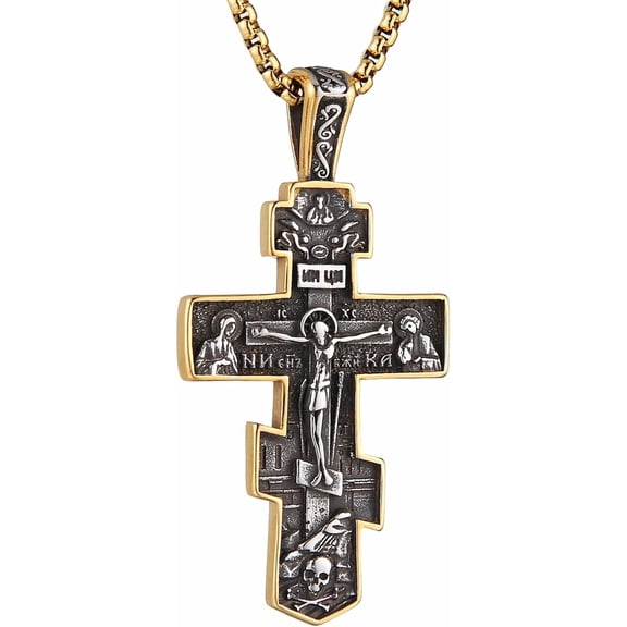 Eastern Orthodox Cross Necklace for Men, Retro Byzantine Jesus Crucifix Pendant, Religious Christian Faith Jewelry & Meaningful Holiday Gift for Him