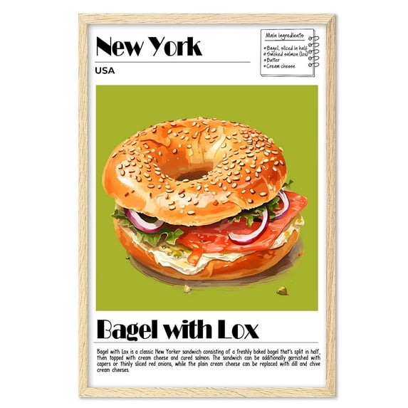 Eastern Print Bagel with Lox Poster, Food Wall Art, USA Food Print, Modern Kitchen Wall Art, Kitchen Poster, Bagel with Lox Recipe, New York, Kitchen Posters Wall Decor (Unframed), 16x20