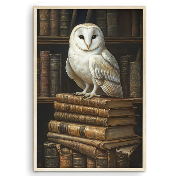 Eastern Print Barn Owl on Antique Books Wall Art, Vintage Library Decor, Reading Nook Accent, Size 24x36 UNFRAMED