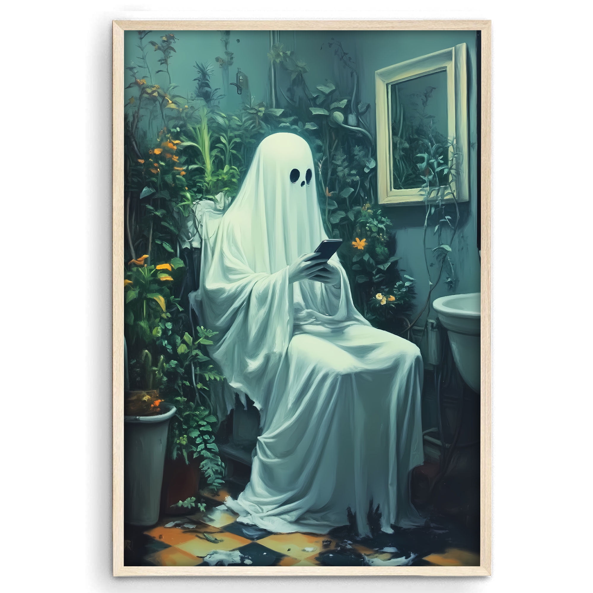 Eastern Print Print Ghost Playing Smartphone Painting Poster, Dark ...