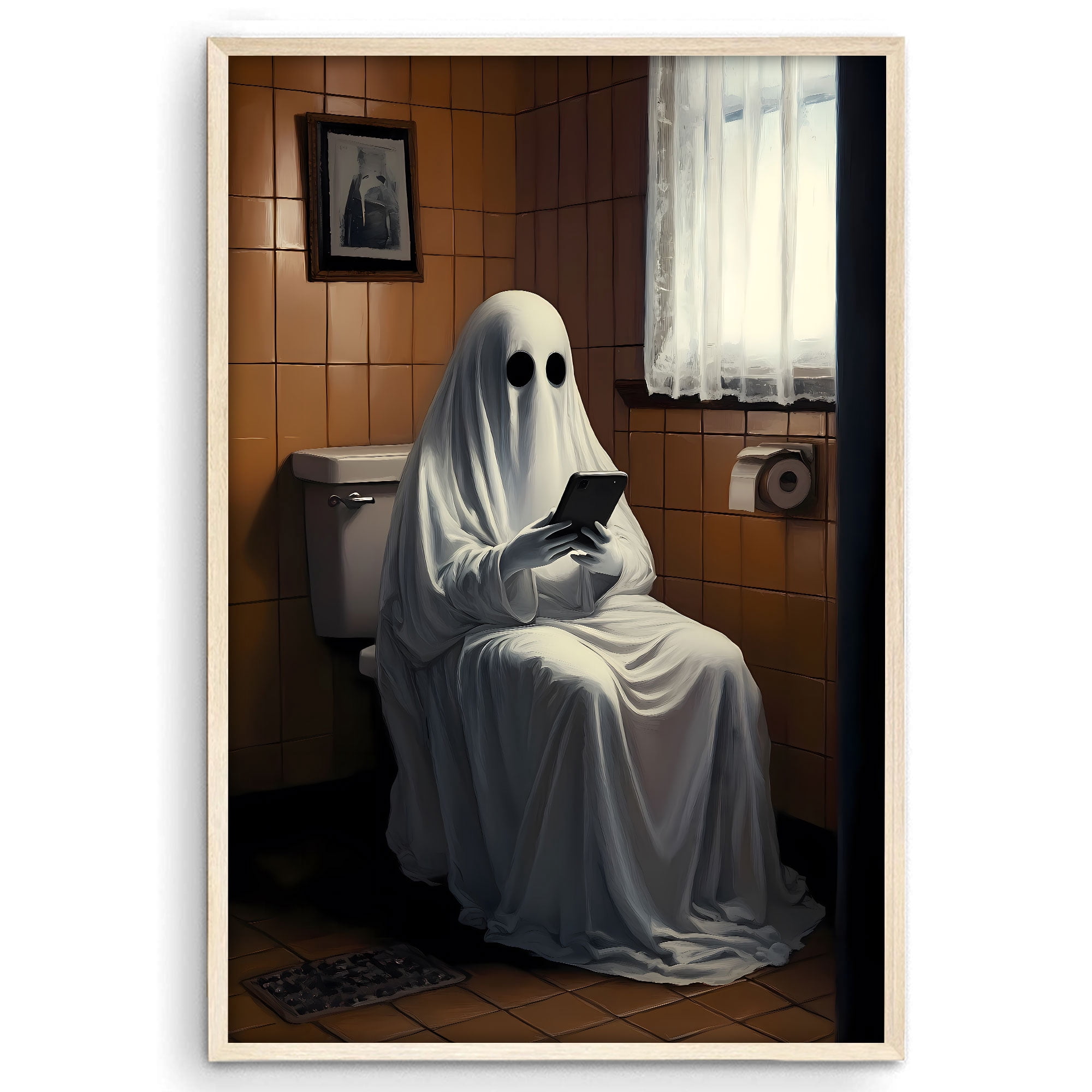 Eastern Print Print Ghost Playing Smartphone Painting Poster, Dark ...
