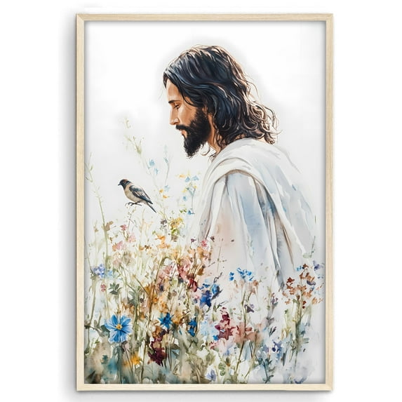 Eastern Print Jesus In Feild Of Flowers Poster, Jesus Wall Decor, Pictures Of Jesus Christ For Decor, Catholic Sacred Heart Of Jesus Painting, Religion Bible Poster, UNFRAMED 18x24