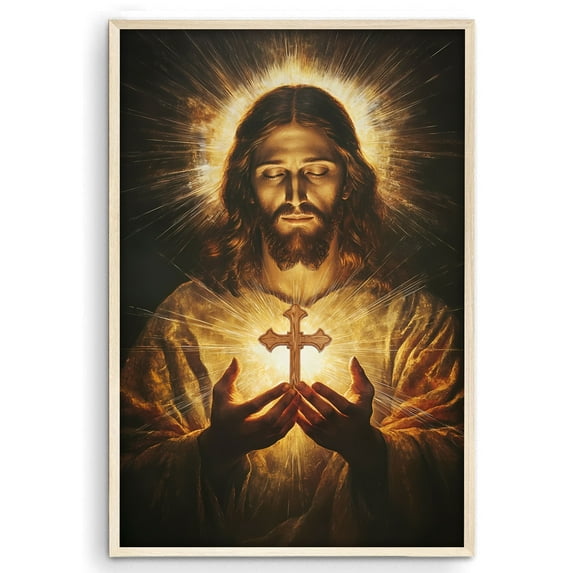 Eastern Print Jesus Poster, Jesus Holding Cross Decor, Christian Wall Decor, Catholic Sacred Heart Of Jesus Painting, Religion Bible Poster For Church Prayer Room Living Room, UNFRAMED 18x24