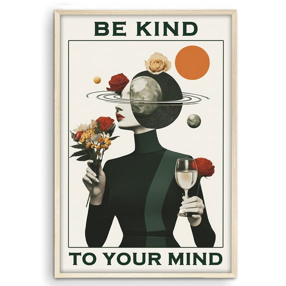 Eastern Print Be Kind To Your Mind Poster, Modern Metal Health Art, Motivation Inspirational Prints, Flower Head Abstract Painting Wall Decor for Bedroom, Living Room, Home Office, UNFRAME, 16x20