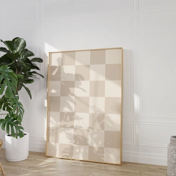 Eastern Print Neutral Checkered Wall Art – Minimalist Beige Pattern Poster for Modern Home Decor, 12x18 UNFRAMED