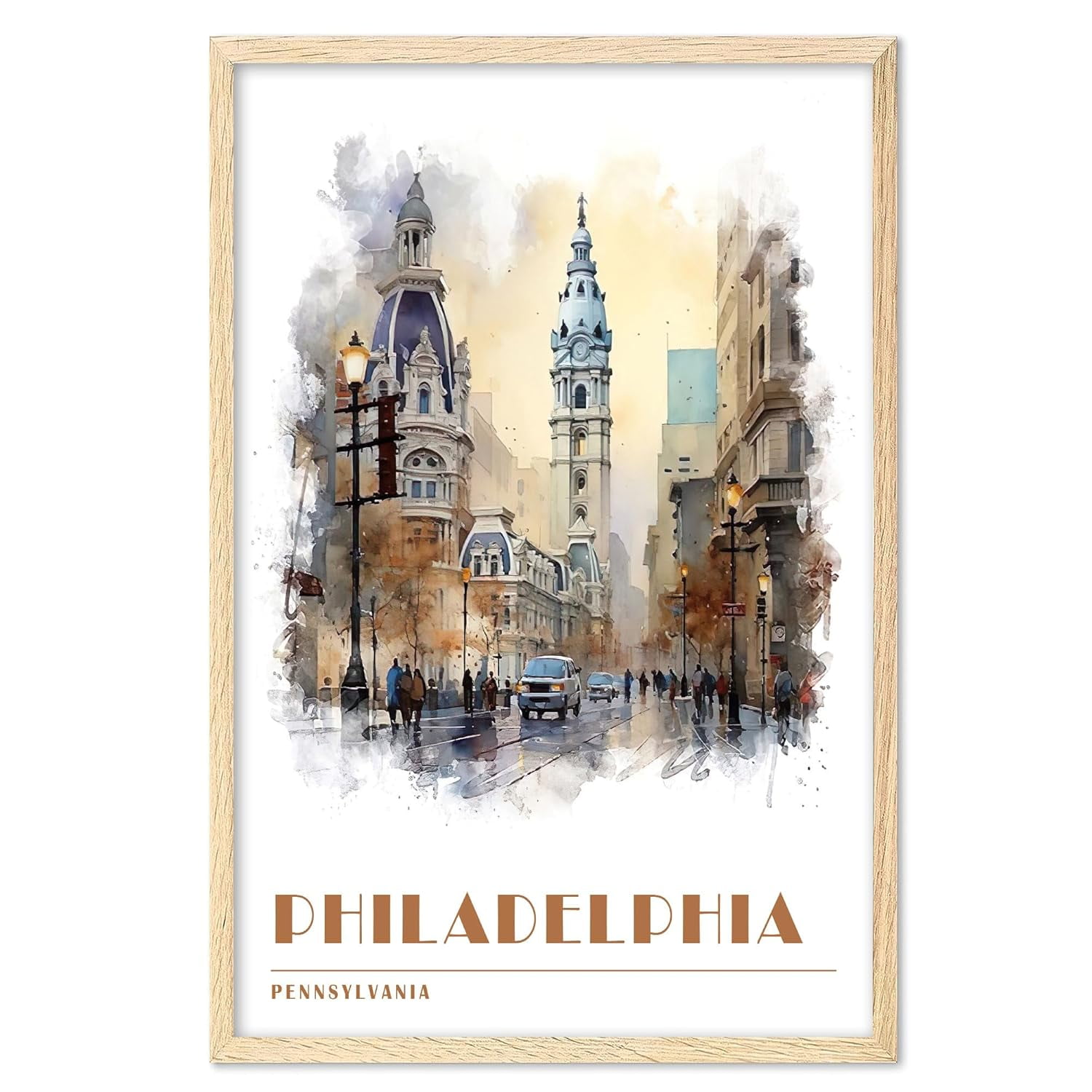 Philadelphia Watercolor Wall Art Print - Framed Travel Poster For Living Room, Bedroom, 16x24 Inch, Ready To Hang