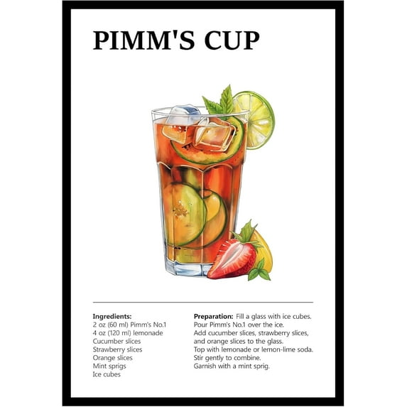 Eastern Print Pimm's Cup Wall Art, Colorful Cocktail Wall Art, Bar Trolley Wall Art, Vintage Cocktail Poster, Love of Wine, Love of Cocktails, Colorful Boho Wall Art, Cocktail Poster (UNFRAMED)