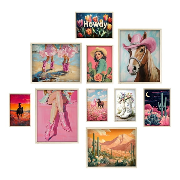 Eastern Print Pink Cowgirl Poster Wall Art Set 10 PCS, Aesthetic Western Room Decor Bedroom Home Office, Retro Girly Desert Southwest Wall Collage Kit, Southwestern Prints Trendy Gifts, UNFRAMED