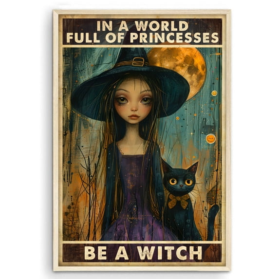 Eastern Print Princesses Be A Witch Wall Art Posters, Retro Vintage Gothic Bar Pub Diner Cafe Wall Art Prints, Witch Witchy Witchcraft, Girl And Black Cat, Home Decor, UNFRAMED, 8x12