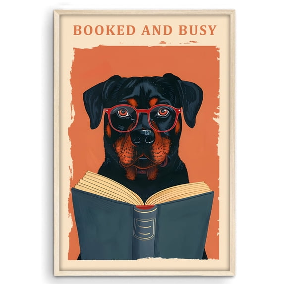 Eastern Print Rottweiler Dog Read Book Poster Wall Art, Wake Up and Read 1960 National Library Week Inspiring Decor, Painting for Home, Office Decor, UNFRAMED, 16x24