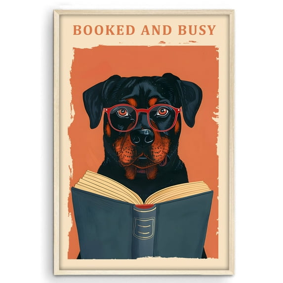 Eastern Print Rottweiler Dog Read Book Poster Wall Art, Wake Up and Read 1960 National Library Week Inspiring Decor, Painting for Home, Office Decor, UNFRAMED, 8x12