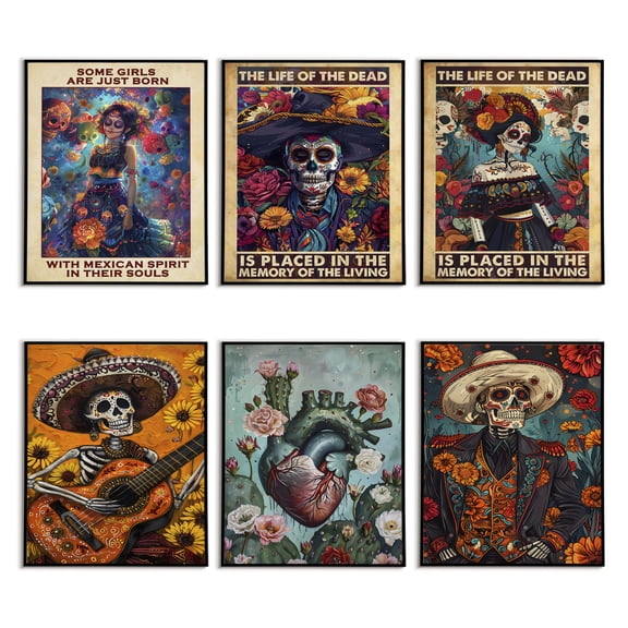 Eastern Print Set 6 Pcs Day of The Dead Poster, Sugar Skull Wall Art Print for Mexican Decor, Dia De Los Muertos Party Decoration, Skeleton Wall Decor For Home Bar Club Living Room, Unframed