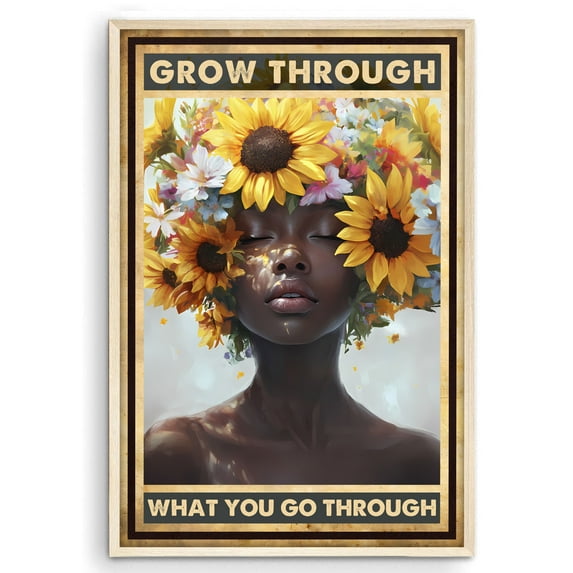 Eastern Print Sunflowers African Women Art, Vintage Inspirational Prints, Grow Through What You Go Poster, Black Girl Painting Wall Decor for Bedroom, Living Room, Home Office, UNFRAME, 16x20