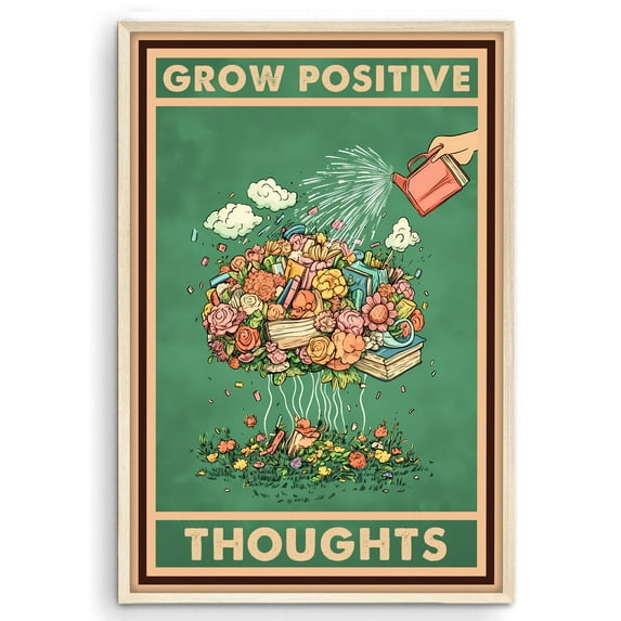 Eastern Print Vintage Grow Positive Thoughts Art, Psychology Mental Health Poster, Vintage Zen Meditation Wall Decor for Bedroom, Home, Kitchen, Office, Green Living Room Art, UNFRAME, 8x12