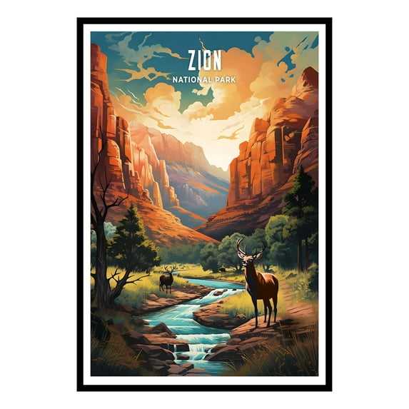 Eastern Print Zion National Park Poster, National Park Wall Art, Vintage Travel Poster, Abstract Nature Landscape Forest Wall Art Pictures for Bedroom Office Living Room (UNFRAMED), 24x36