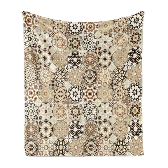 Eastern Soft Flannel Fleece Throw Blanket, Octagonal and Square Ornaments Retro Colored Old Fashioned Tile, Cozy Plush for Indoor and Outdoor Use, 50" x 70", Dark Brown Pale Brown, by Ambesonne