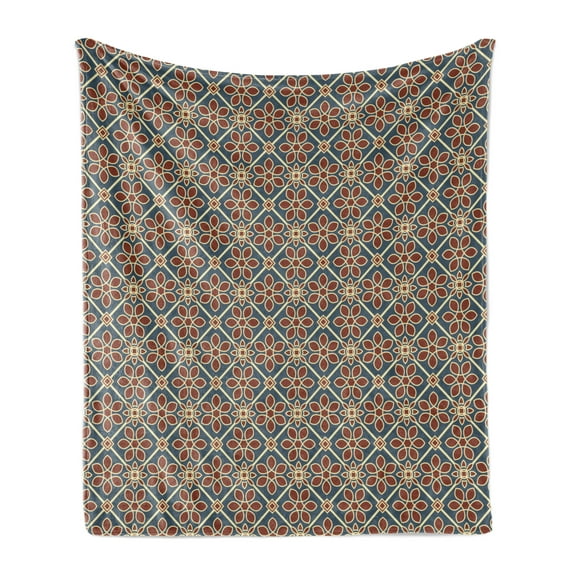 Eastern Soft Flannel Fleece Throw Blanket, Oriental Cultural Motif Swirled Curved Petals Wild Flora Themed Squares, Cozy Plush for Indoor and Outdoor Use, 50" x 60", Dark Blue Burgundy, by Ambesonne