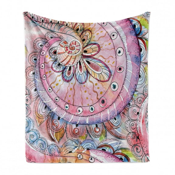 Eastern Soft Flannel Fleece Throw Blanket, Traditional Floral Pattern Colored Watercolor Effects Art, Cozy Plush for Indoor and Outdoor Use, 60" x 80", Multicolor, by Ambesonne