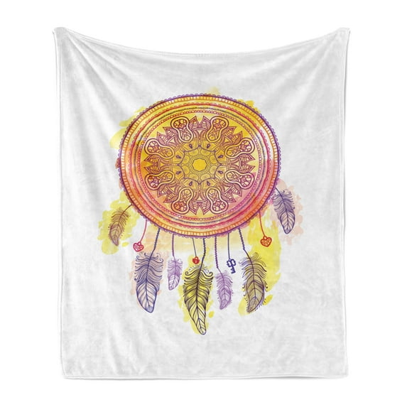 Eastern Soft Flannel Fleece Throw Blanket, Watercolor Abstract Mandala Design Bohemian Dreamcatcher Print, Cozy Plush for Indoor and Outdoor Use, 70" x 90", Multicolor, by Ambesonne