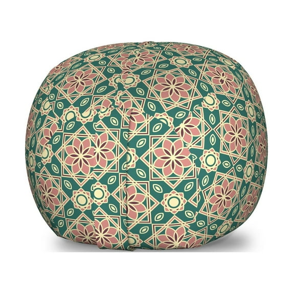 Eastern Storage Toy Bag Chair, Vintage Mosaic Design of Florets Zigzag Borders Oval Details, Stuffed Animal Organizer Washable Bag, Small Size, Forest Green Pale Pink, by Ambesonne