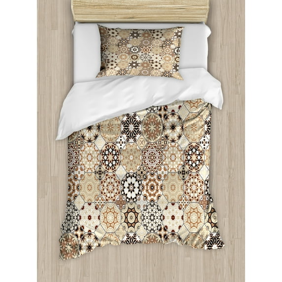 Eastern Twin Size Duvet Cover Set, Octagonal and Square Ornaments Retro Colored Old Fashioned Tile, Decorative 2 Piece Bedding Set with 1 Pillow Sham, Beige Dark Brown Pale Brown, by Ambesonne