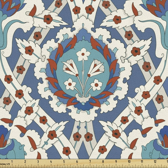 Ambesonne Eastern Fabric by the Yard Upholstery, Traditional Floral Art, 5 Yards, Multicolor