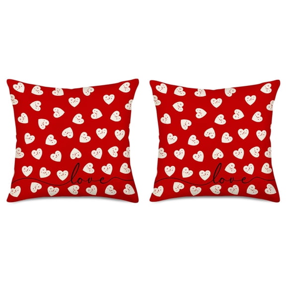Easternproject Valentines Day Pillow Covers 18x18 Inch Set 2 White Red Hearts Love Farmhouse Decorative Throw Pillow Cases for Home Sofa Couch Cushion Cotton Linen C113