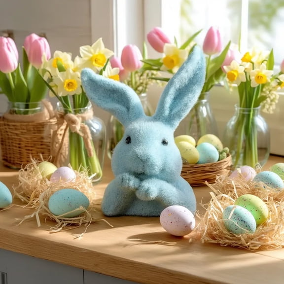 Easters Faux Moss Flocking Rabbits Head Figurine Home Decors Resin Statue for Living Room Office Tabletop Shelf(Blue)