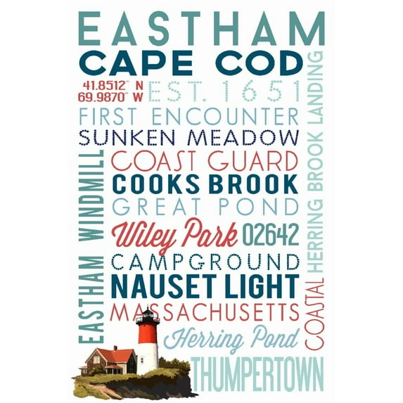 Eastham, Massachusetts, Cape Cod, Typography (12x18 Wall Art Poster, Room Decor)