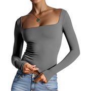 Easther Women's Sexy Long Sleeve Crop Top Square Neck Double Lined Basic Slim Fit T Shirt