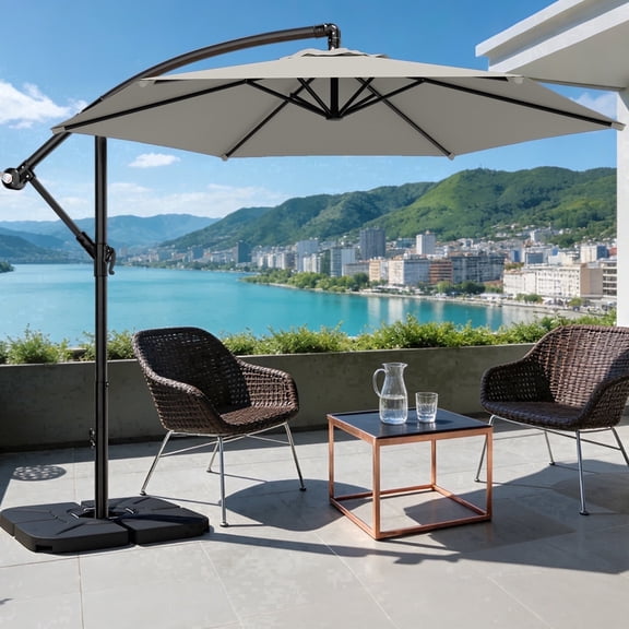 Easthome 10ft Offset Hanging Market Patio Umbrella for Backyard, Poolside, Lawn and Garden w/Easy Tilt Adjustment, Polyester Shade, 6 Ribs - Light Gray