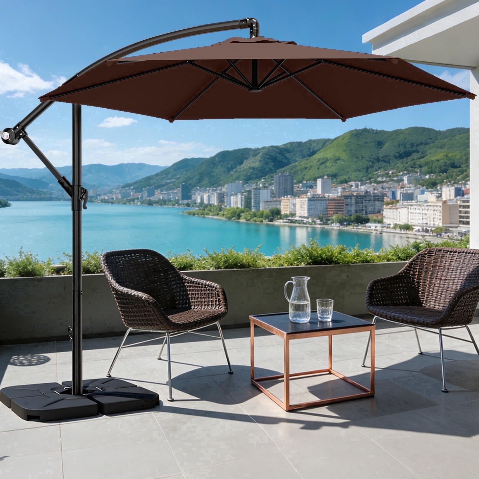10 hanging patio umbrella brown colors Best Choice Products 10ft Offset Cantilever Market Umbrella, 8 Sturdy Ribs, Easy Adjustment Its canopy is made of waterproof and UV 10 Feet Offset Umbrella with
