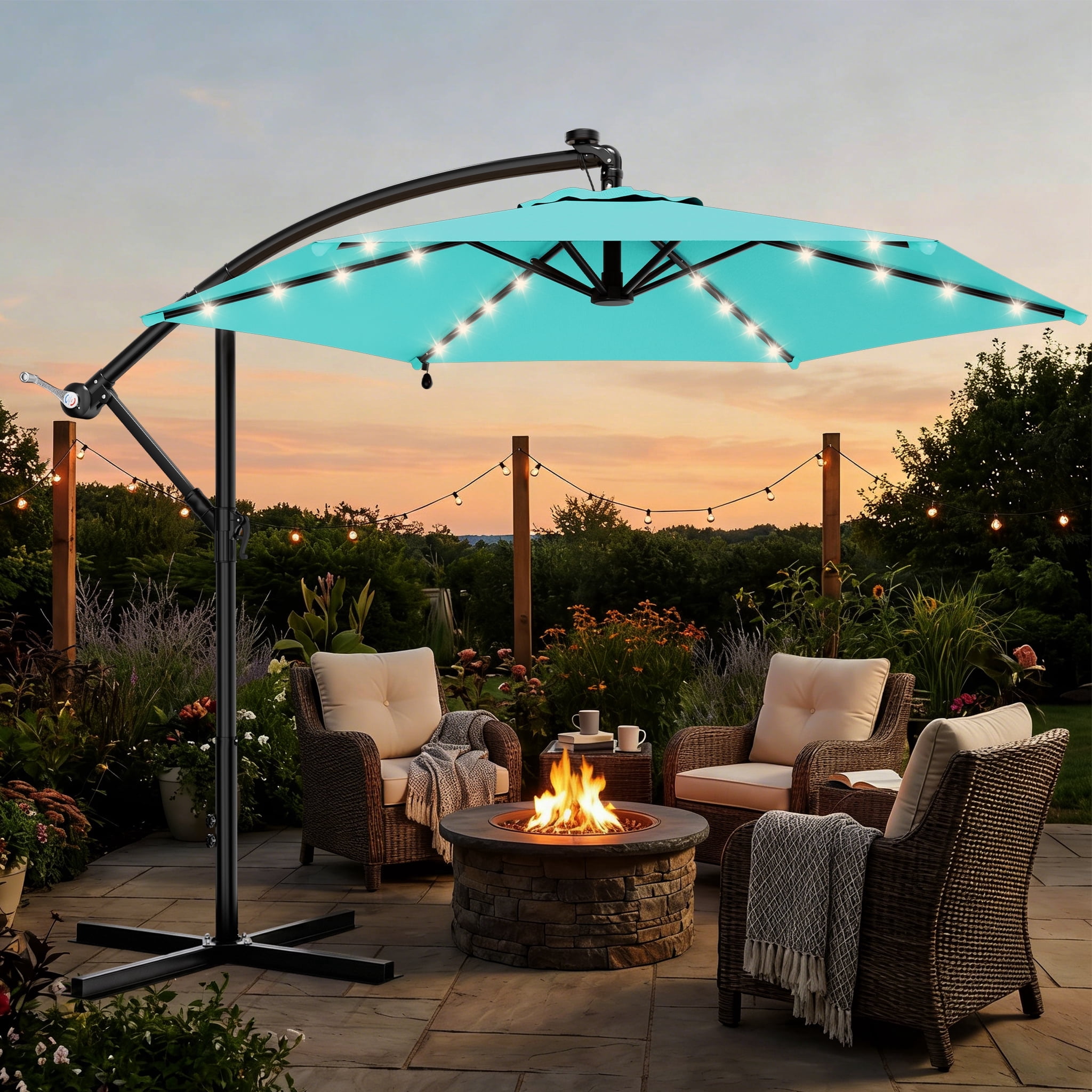 10 foot solar led patio umbrella ft Cantilever with 32 Lights and 220 LBS Base-Dark Blue Crafted with your comfort in mind Easthome 10ft Solar LED Offset