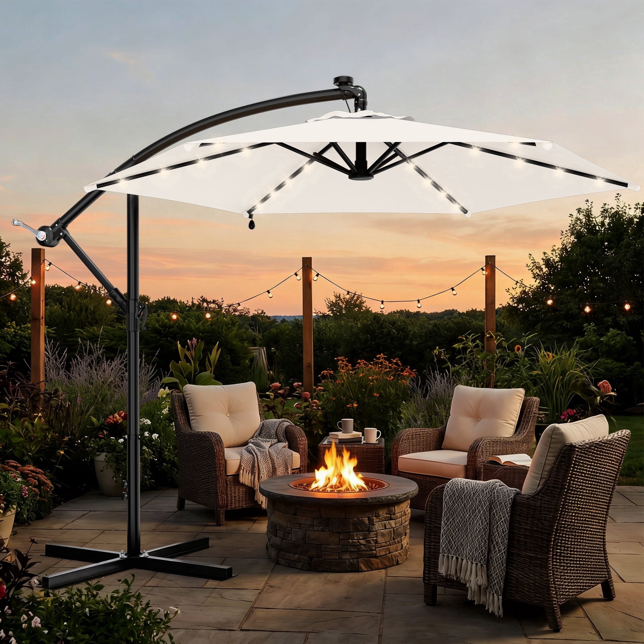 at home offset patio umbrella Outsunny 10' Cantilever Hanging Tilt Cross Base Red Solar powered offset patio umbrella with 32 bright LED lights and energy LAUSAINT HOME 10 Ft Patio