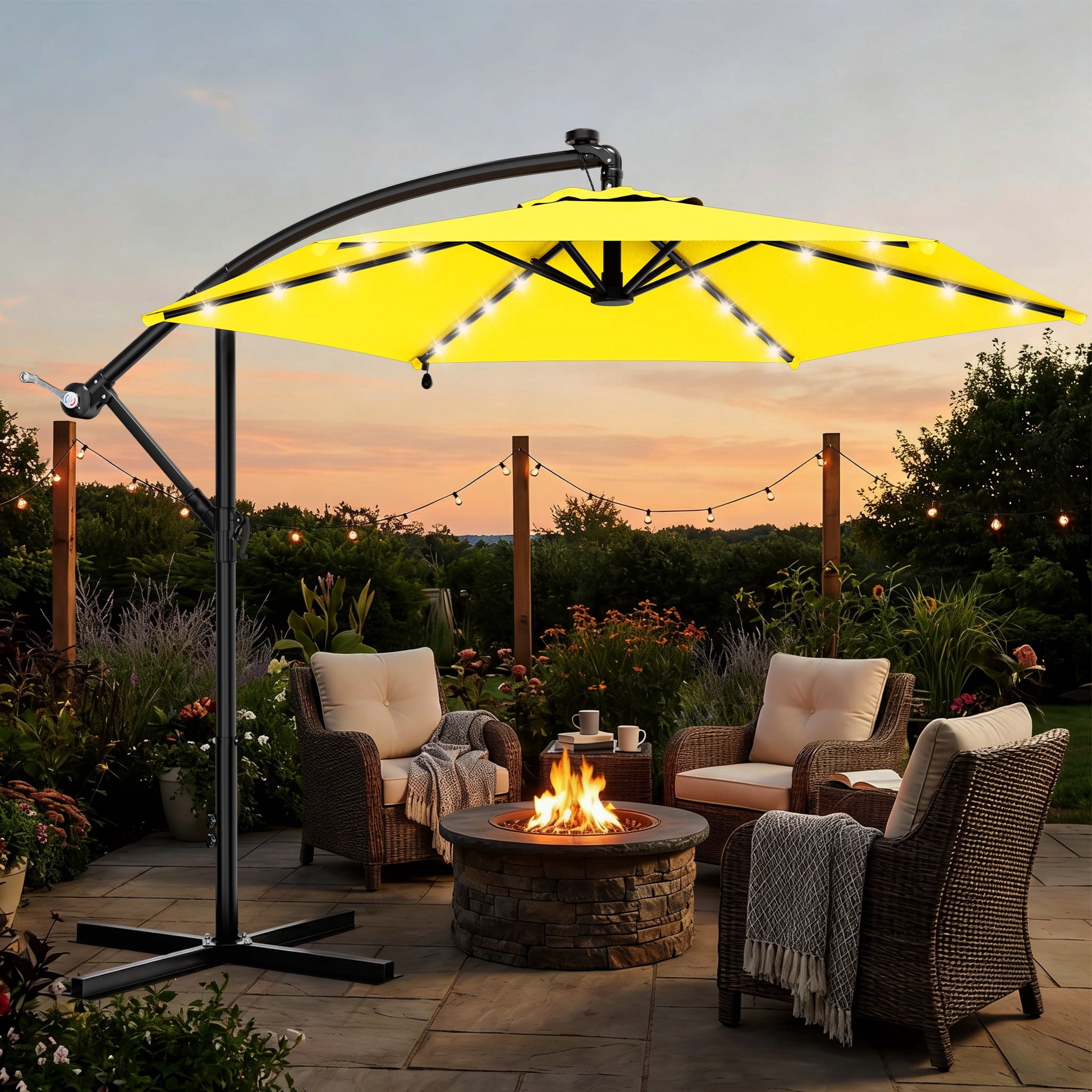 10 ft yellow patio umbrella EliteShade USA 10-Year-Non-Fading 9ft 3-Tier Market Umbrella, Commercial Table with 80 Solar LED Lights, Crank Open, Windproof & UPF 50+ UV Protection for Garden, Deck, Pool, Backyard, Sunflower it helps block sunlight while resisting fading Sonkuki 10-ft Steel Yellow Push-button