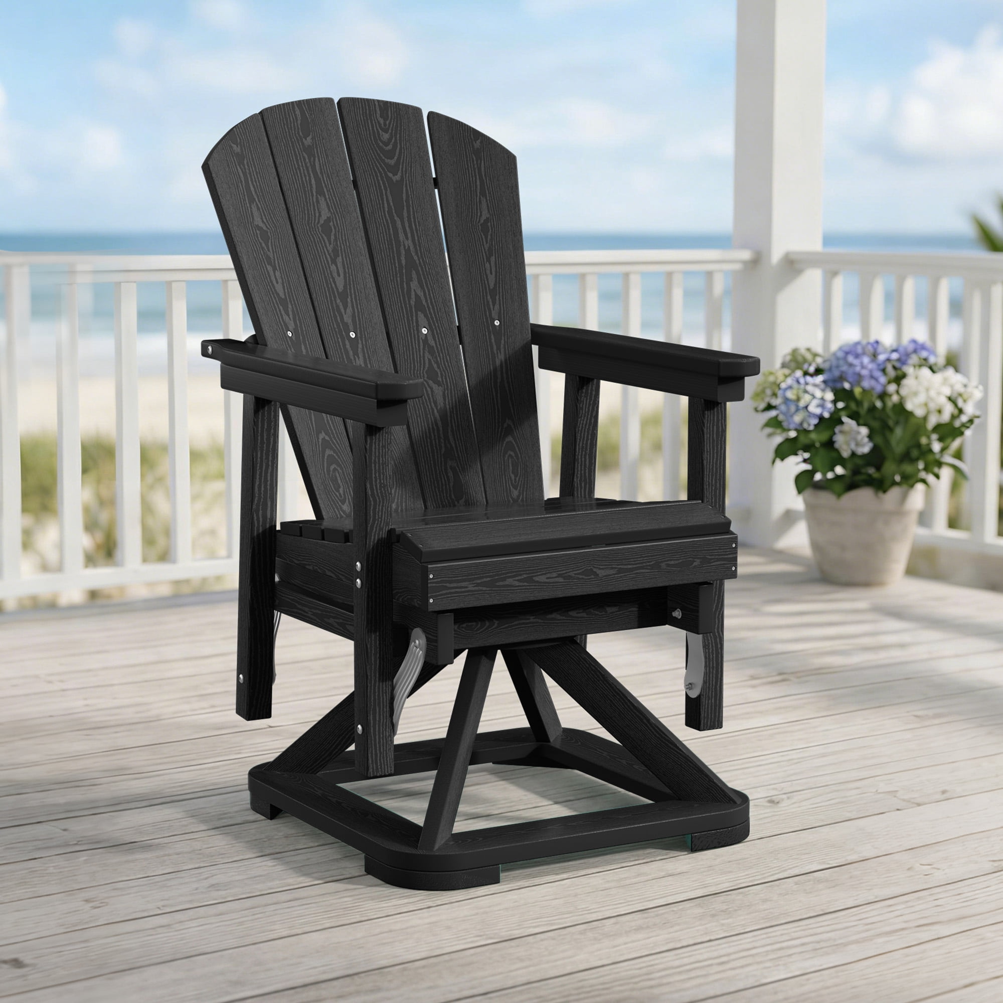 Easthome 360°Swivel Glider Adirondack Chair All-Weather HDPE Outdoor Rocking Chair with Ergonomic Backrest, Outdoor Swivel Rocker for Patio, Porch & Deck - Black