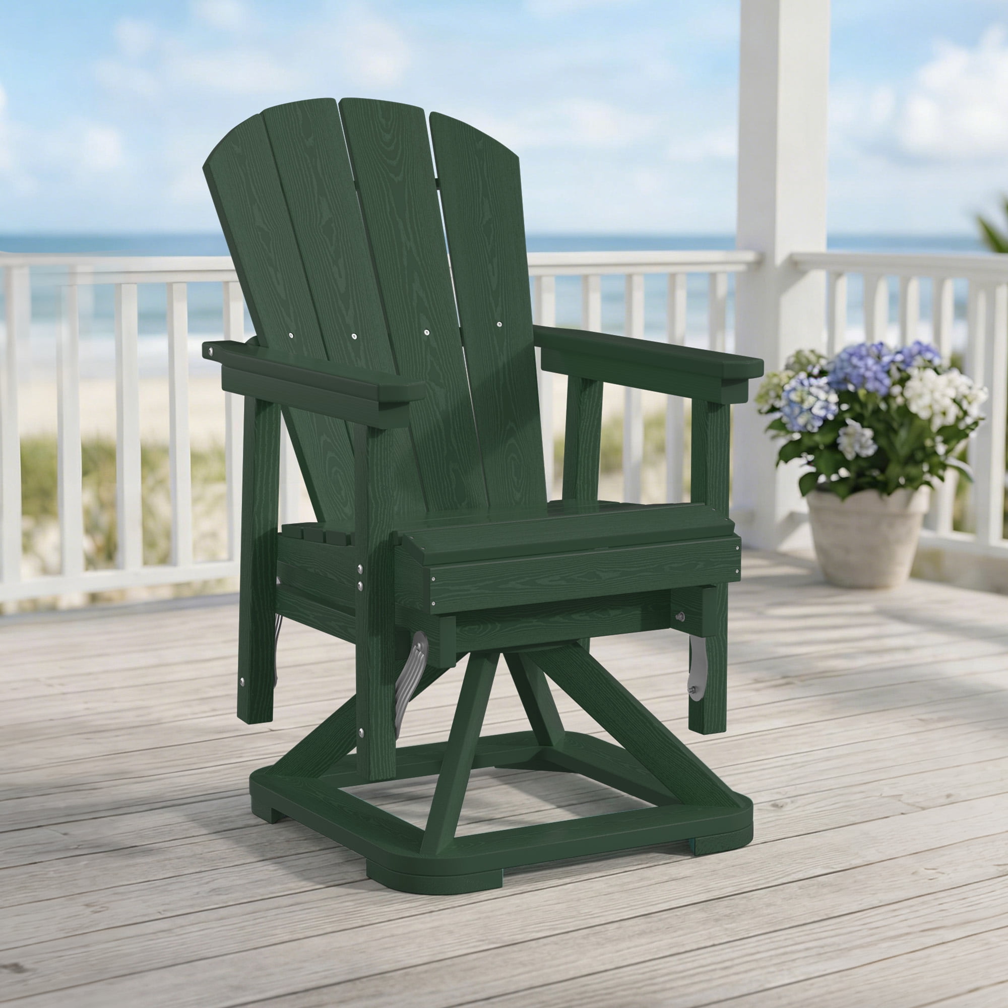 Easthome 360°Swivel Glider Adirondack Chair All-Weather HDPE Outdoor Rocking Chair with Ergonomic Backrest, Outdoor Swivel Rocker for Patio, Porch & Deck - Dark Green
