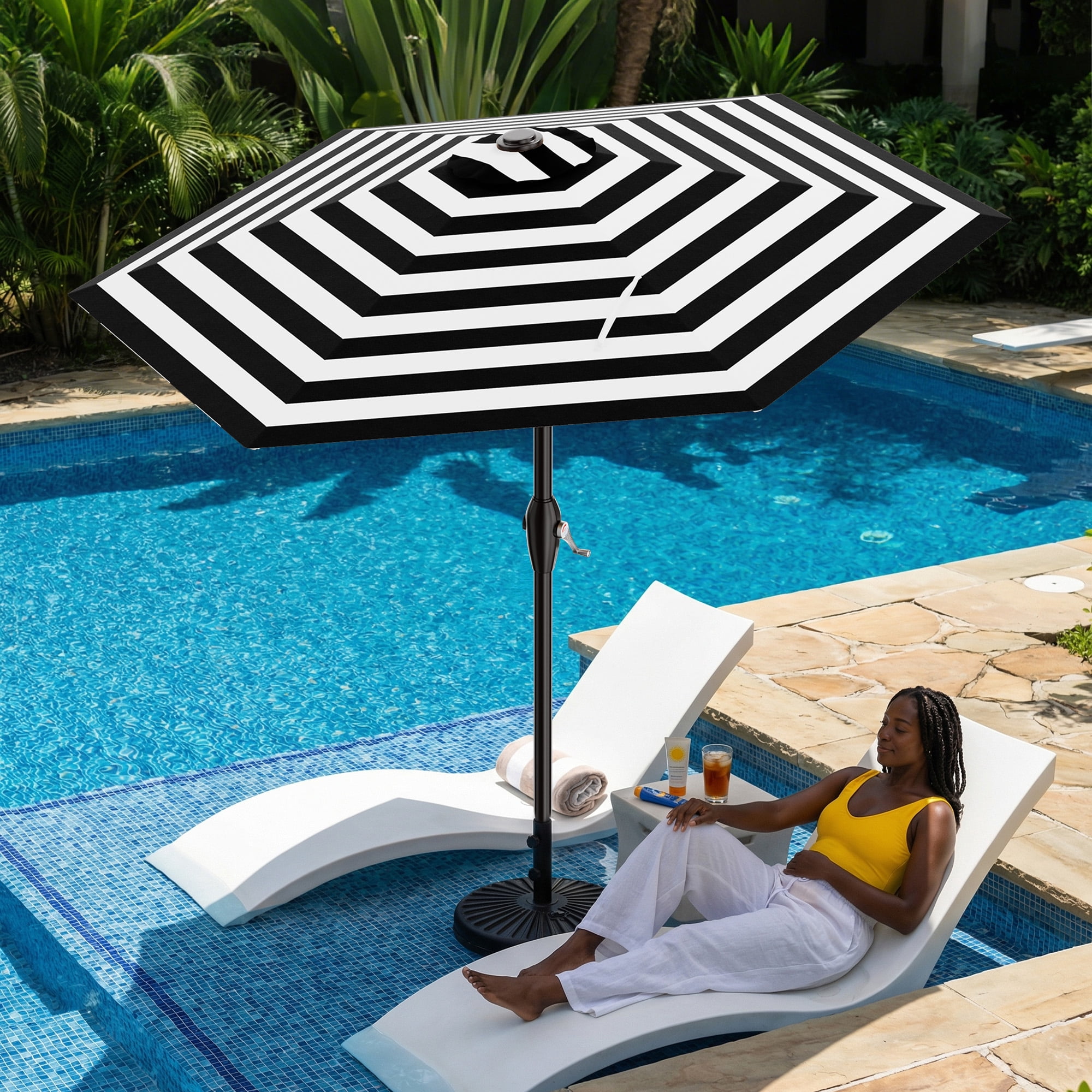 Easthome 7.5' Patio Umbrella Outdoor Table Market Umbrella with Smooth Crank handle, 6 Ribs, Backyard, Poolside, Garden - Black and white stripes
