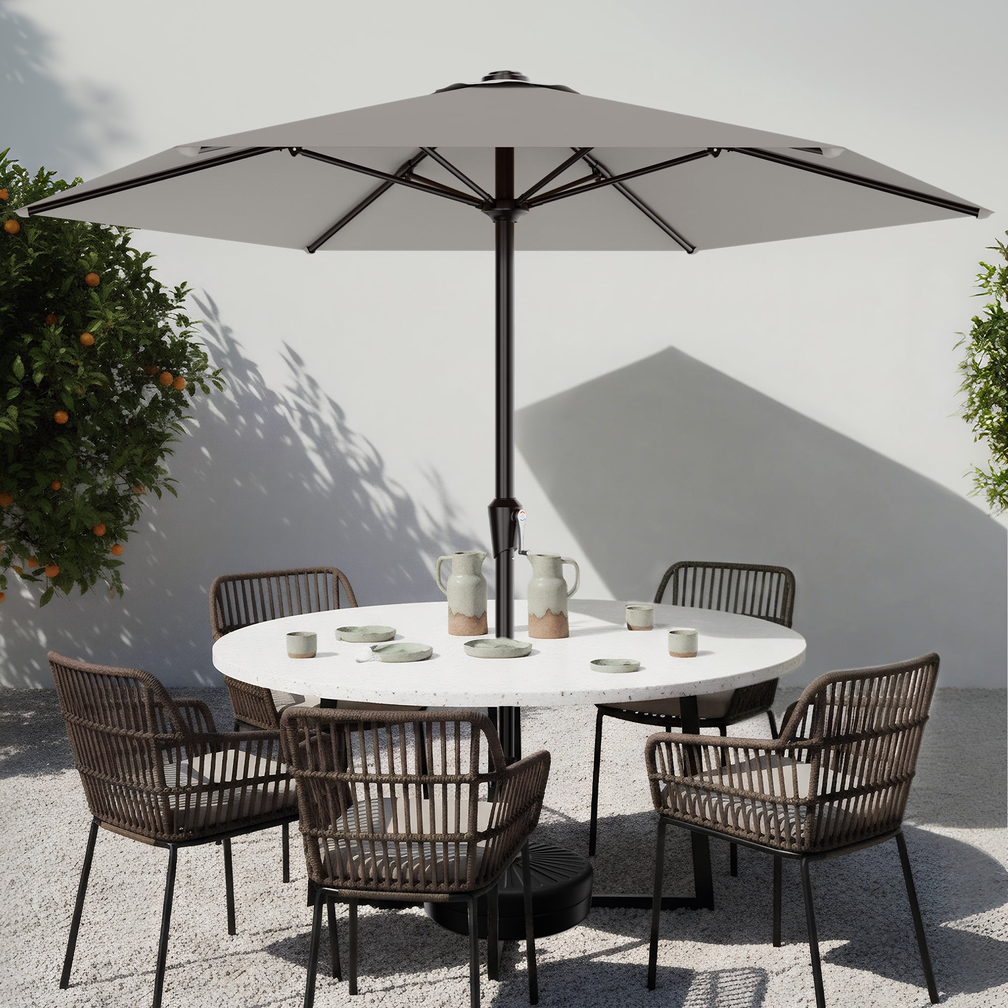 Easthome 9ft Patio Umbrella with Crank Lift System & 6 Sturdy Ribs Waterproof, Patio Table Umbrella Perfect for Poolside, Terrace, Beach and Outdoor Restaurant, Light Gray