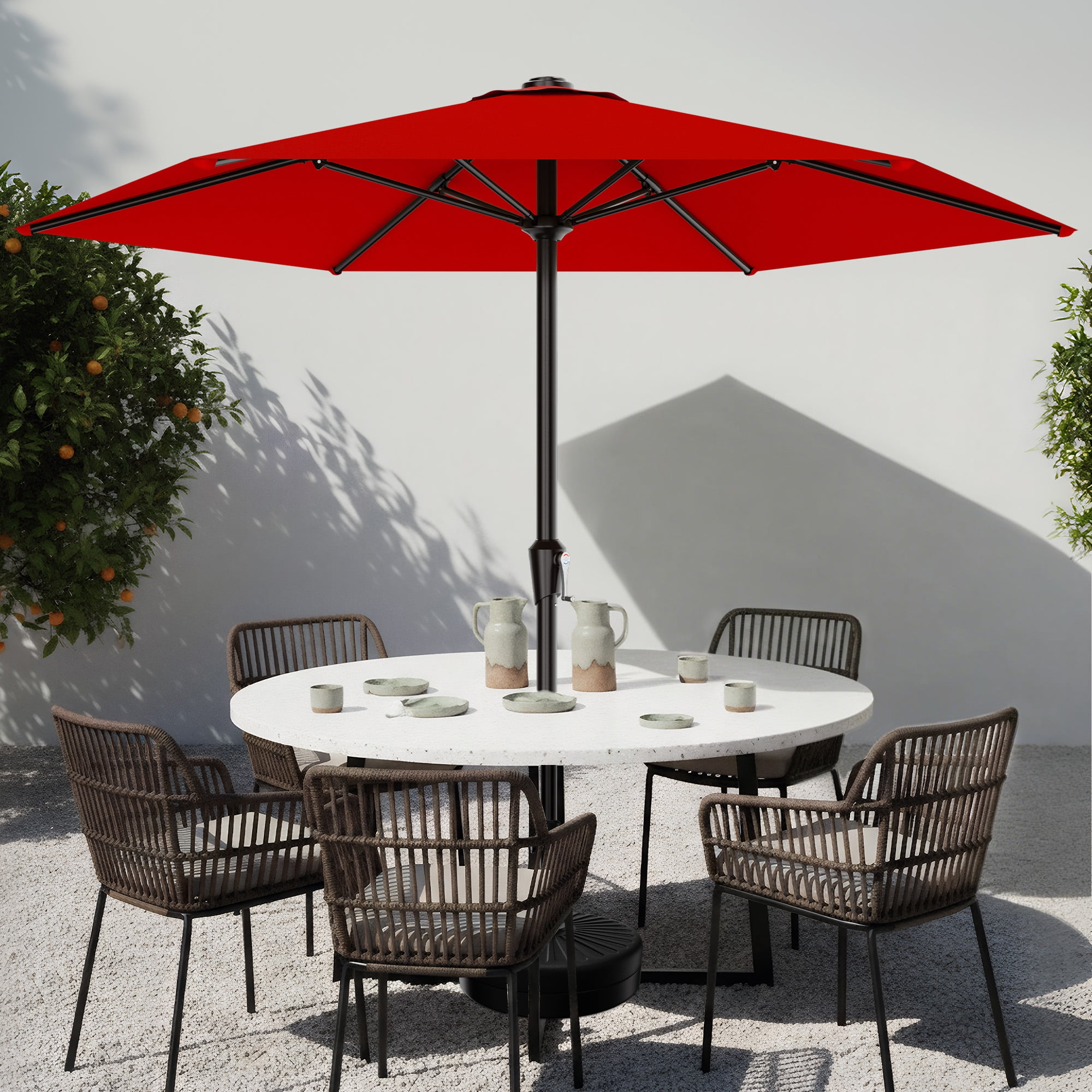 Easthome 9ft Patio Umbrella with Crank Lift System & 6 Sturdy Ribs Waterproof, Patio Table Umbrella Perfect for Poolside, Terrace, Beach and Outdoor Restaurant, Red