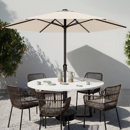 Easthome 9ft Patio Umbrella with Crank Lift System & 6 Sturdy Ribs Waterproof, Patio Table Umbrella Perfect for Poolside, Terrace, Beach and Outdoor Restaurant, White